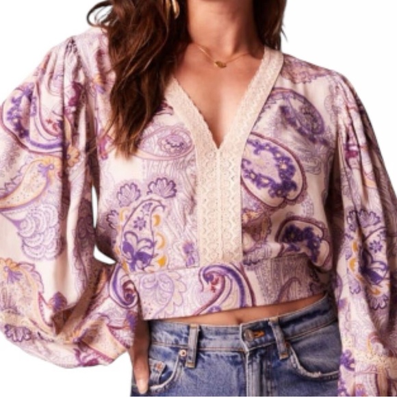 Band of Gypsies V-neck Crop Blouse Puff and Bell Sleeves BOHO Multiple sizes S-L - Picture 4 of 7